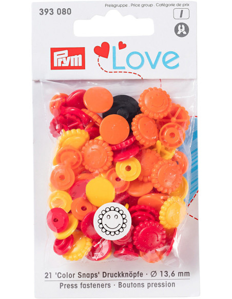 Set mit 21 Druckknöpfen Color Snaps Blumen 13,6 mm - Gelb, Rot und Orange