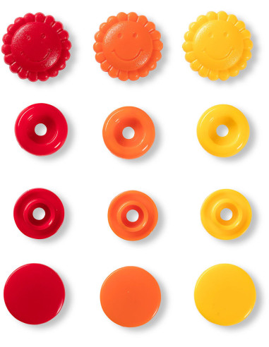 Set mit 21 Druckknöpfen Color Snaps Blumen 13,6 mm - Gelb, Rot und Orange