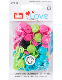 Set mit 21 Druckknöpfen Color Snaps Blumen 13,6 mm - Türkis, Grün und Fuchsia