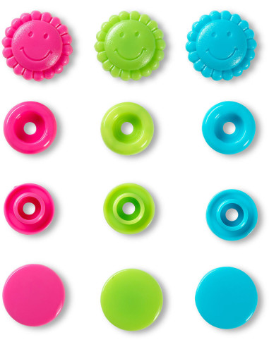 Set mit 21 Druckknöpfen Color Snaps Blumen 13,6 mm - Türkis, Grün und Fuchsia