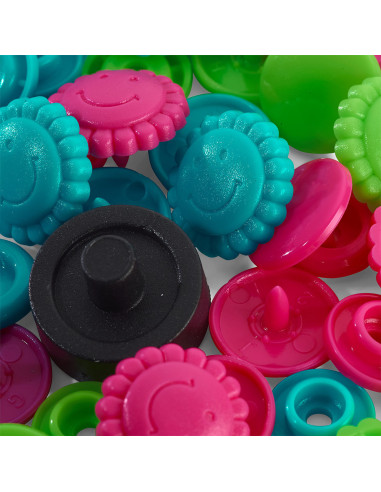Set mit 21 Druckknöpfen Color Snaps Blumen 13,6 mm - Türkis, Grün und Fuchsia