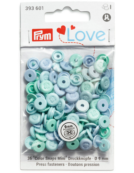 Set mit 36 Druckknöpfen Color Snaps Mini 9 mm Optik - Minze, Wassergrün und Blau
