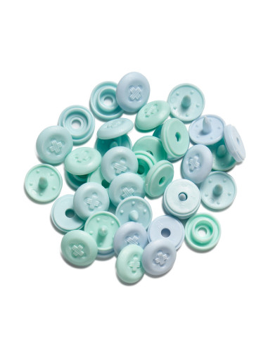 Set mit 36 Druckknöpfen Color Snaps Mini 9 mm Optik - Minze, Wassergrün und Blau
