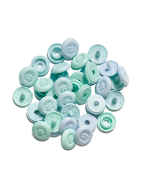 Set mit 36 Druckknöpfen Color Snaps Mini 9 mm Optik - Minze, Wassergrün und Blau