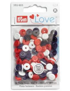 Set mit 36 Druckknöpfen Color Snaps Mini 9 mm Optik - Blau, Weiß und Rot
