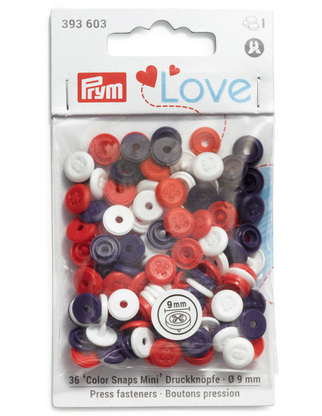 Set mit 36 Druckknöpfen Color Snaps Mini 9 mm Optik - Blau, Weiß und Rot