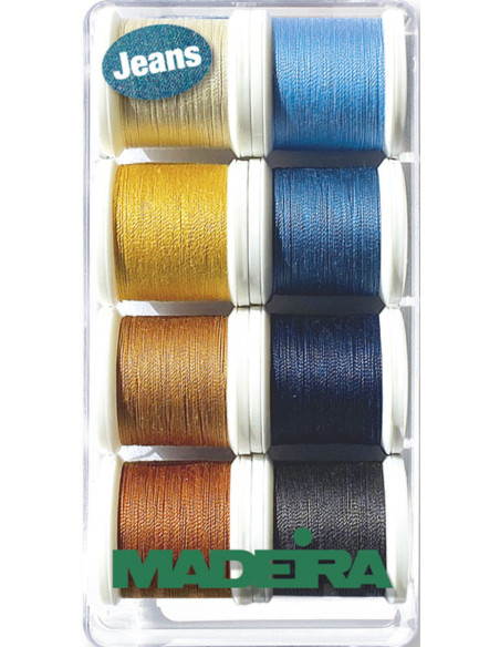 Schachtel mit 8 Spulen Spezial Jeans Aerofil 35 Madeira Garn