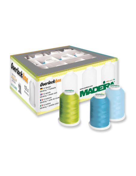 Schachtel mit 12 Kegeln für Overlock-Nähmaschine Overlockbox Madeira - Apple & Blue