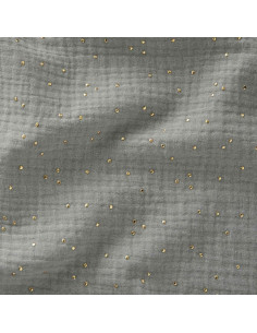 Doppelgaze-Baumwollstoff mit kleinen goldenen Punkten - Graugrün