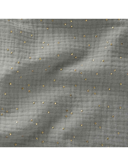 Doppelgaze-Baumwollstoff mit kleinen goldenen Punkten - Graugrün