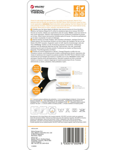 VELCRO® Marke Sleek & Thin Textilkleber 19mm x 60cm Schwarz