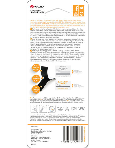 VELCRO® Marke Sleek & Thin Textilkleber 19mm x 60cm Schwarz