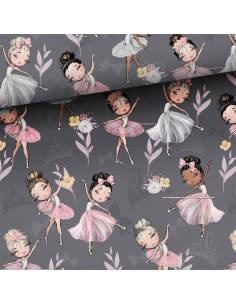 Premium-Baumwollstoff - Kleine Ballerinen auf grauem Hintergrund