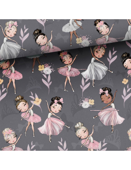 Premium-Baumwollstoff - Kleine Ballerinen auf grauem Hintergrund