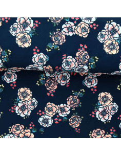 Lycra-Badeanzugstoff - Blumen auf dunkelblauem Hintergrund