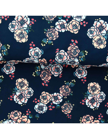 Lycra-Badeanzugstoff - Blumen auf dunkelblauem Hintergrund