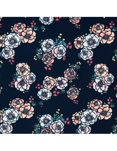 Lycra-Badeanzugstoff - Blumen auf dunkelblauem Hintergrund