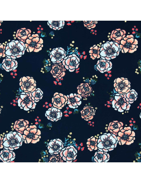 Lycra-Badeanzugstoff - Blumen auf dunkelblauem Hintergrund