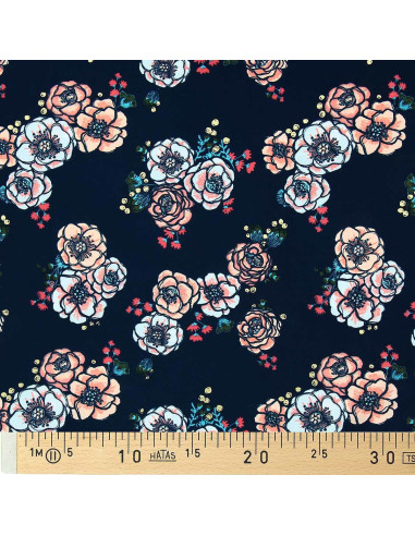 Lycra-Badeanzugstoff - Blumen auf dunkelblauem Hintergrund