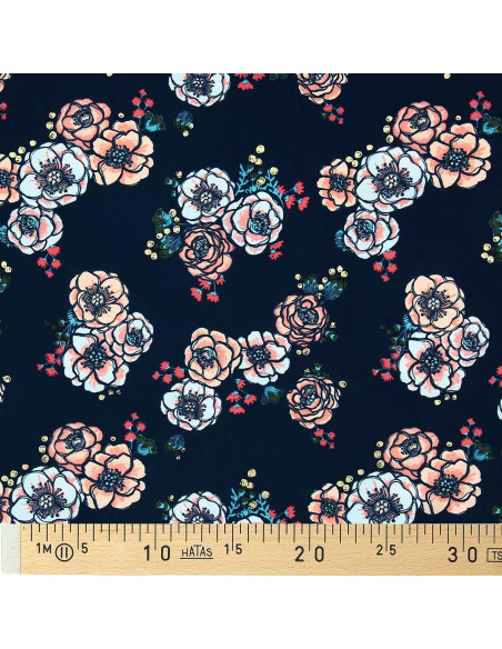 Lycra-Badeanzugstoff - Blumen auf dunkelblauem Hintergrund