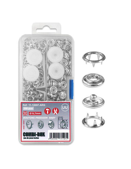 Combi-Box 200 Jersey-Druckknöpfe Baby - Silber 9,7 mm