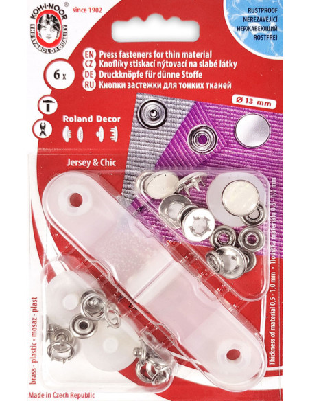Schachtel mit 6 Druckknöpfen aus Perlmuttweißem Jersey mit Werkzeug 13 mm