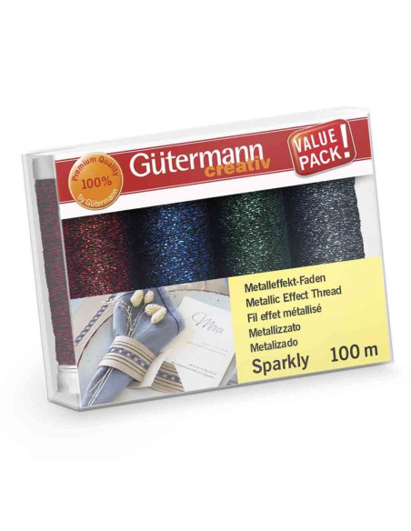 Set mit 4 Gütermann Sparkly Nähfäden - Rot, Blau, Grün und Marineblau