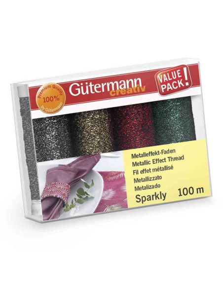Set mit 4 Gütermann Sparkly Nähfäden - Silber, Gold, Rot und Grün