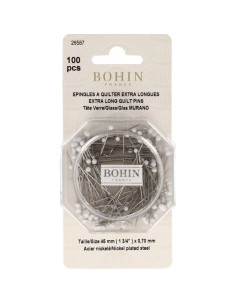 Schachtel mit 100 extra langen weißen Glaskopfstecknadeln von Bohin.
