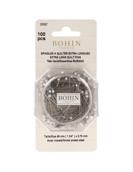 Schachtel mit 100 extra langen weißen Glaskopfstecknadeln von Bohin.