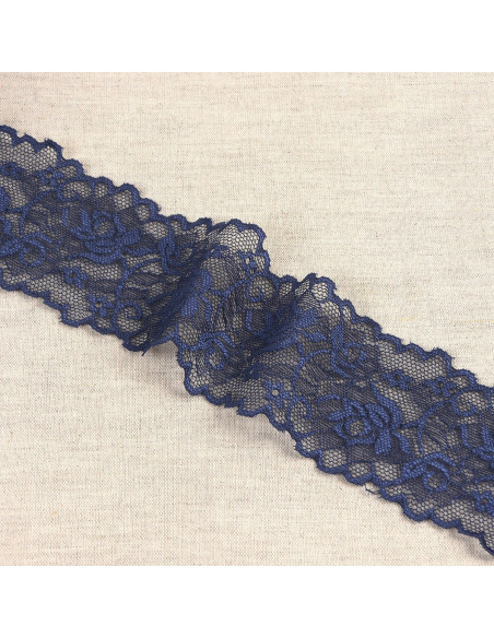 Elastische Spitze mit Blumen und Stielen - Marineblau