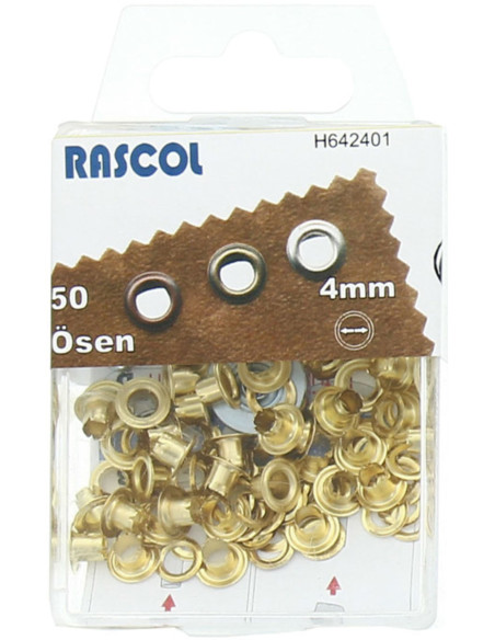 Schachtel mit 50 Ösen 4 mm mit Befestigungswerkzeug Rascol - Gold