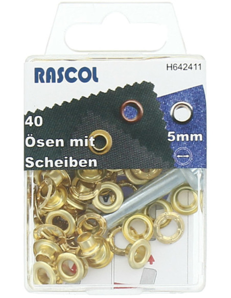 Box 40 Ösen 5 mm mit Befestigungswerkzeug Rascol - Gold
