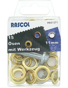 Schachtel mit 15 Ösen 11 mm mit Befestigungswerkzeug Rascol - Gold