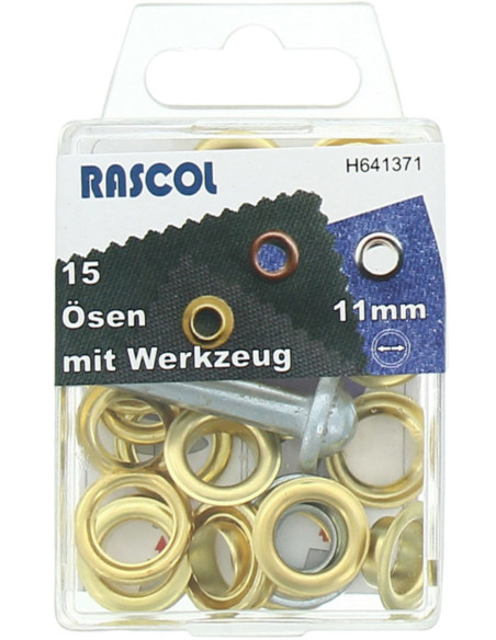 Schachtel mit 15 Ösen 11 mm mit Befestigungswerkzeug Rascol - Gold