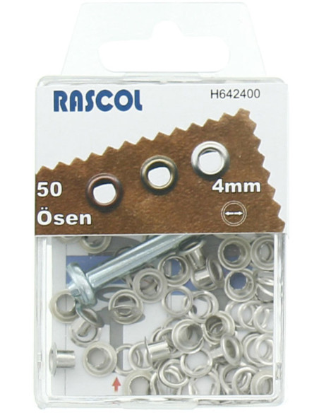 Schachtel mit 50 Ösen 4 mm mit Befestigungswerkzeug Rascol - Silber