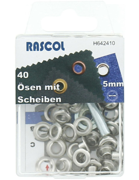 Box 40 Ösen 5 mm mit Befestigungswerkzeug Rascol - Silber