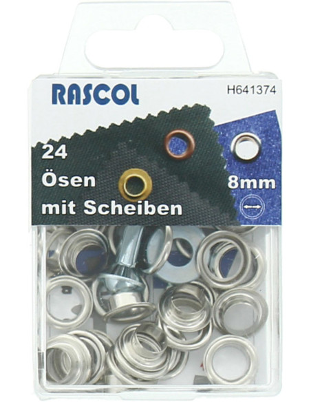 Schachtel mit 24 Ösen 8 mm mit Befestigungswerkzeug Rascol - Silber