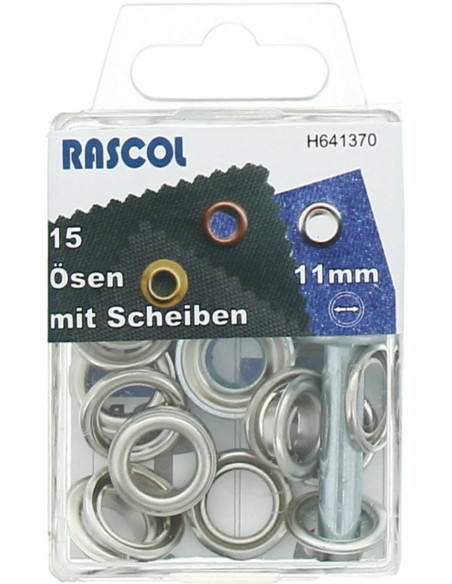 Schachtel mit 15 Ösen 11 mm mit Befestigungswerkzeug Rascol - Silber