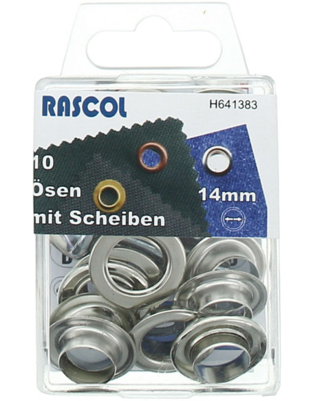 Schachtel mit 10 Ösen 14 mm mit Befestigungswerkzeug Rascol - Silber