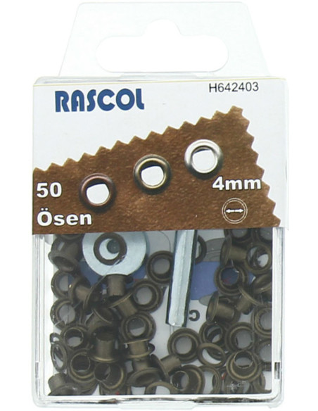 Schachtel mit 50 Ösen 4 mm mit Befestigungswerkzeug Rascol - Antikes Messing
