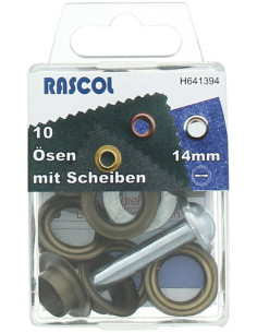 Box 10 Ösen 14 mm mit Befestigungswerkzeug Rascol - Antikes Messing