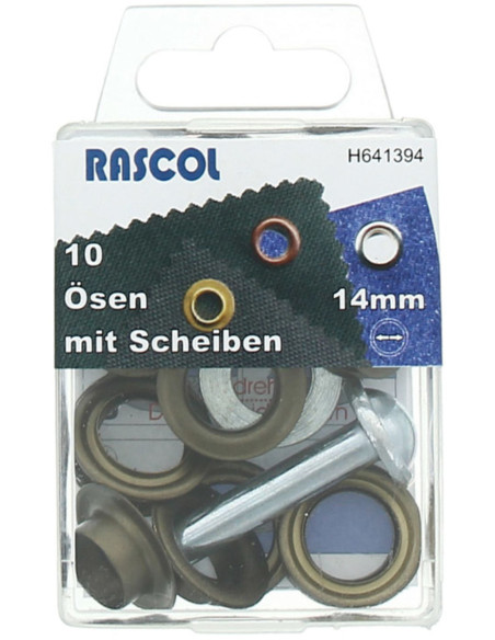 Box 10 Ösen 14 mm mit Befestigungswerkzeug Rascol - Antikes Messing