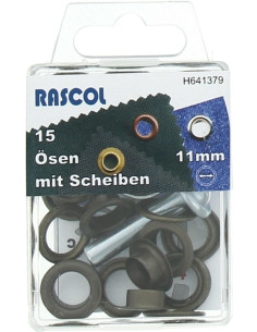 Schachtel mit 15 Ösen 11 mm mit Befestigungswerkzeug Rascol - Antikes Messing