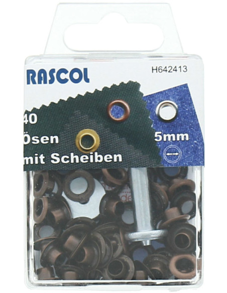 Box 40 Ösen 5 mm mit Befestigungswerkzeug Rascol - Kupfer