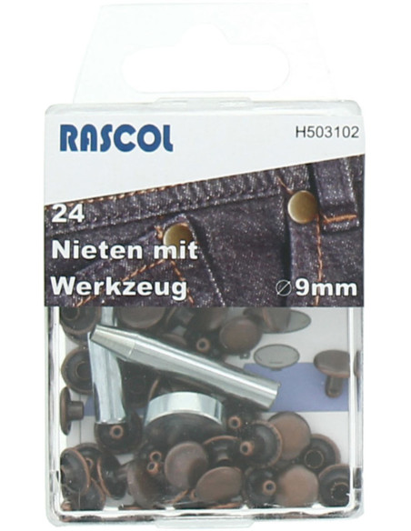 Schachtel mit 24 Nieten 9 mm mit Werkzeug - Kupfer