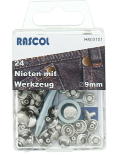 Schachtel mit 24 Nieten 9 mm mit Werkzeug - Silber