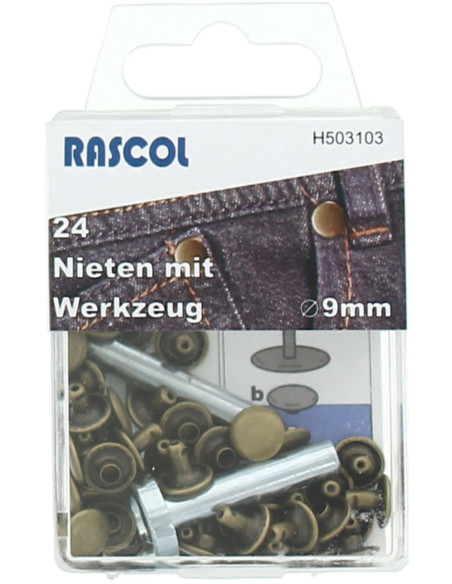 Schachtel mit 24 Nieten 9 mm mit Werkzeug - Bronze