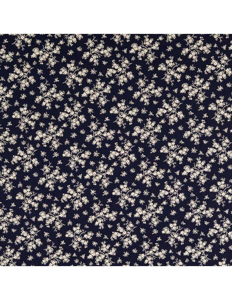 Vintage Baumwollstoff - Marineblauer Hintergrund mit kleinen naturfarbenen Blumen