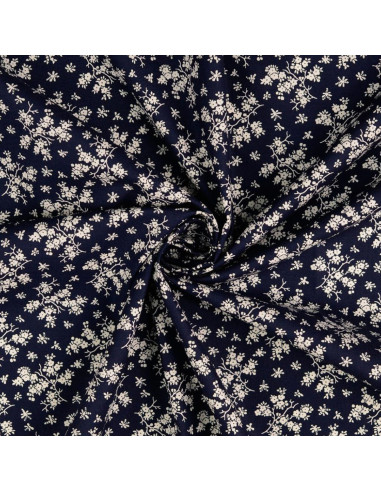 Vintage Baumwollstoff - Marineblauer Hintergrund mit kleinen naturfarbenen Blumen